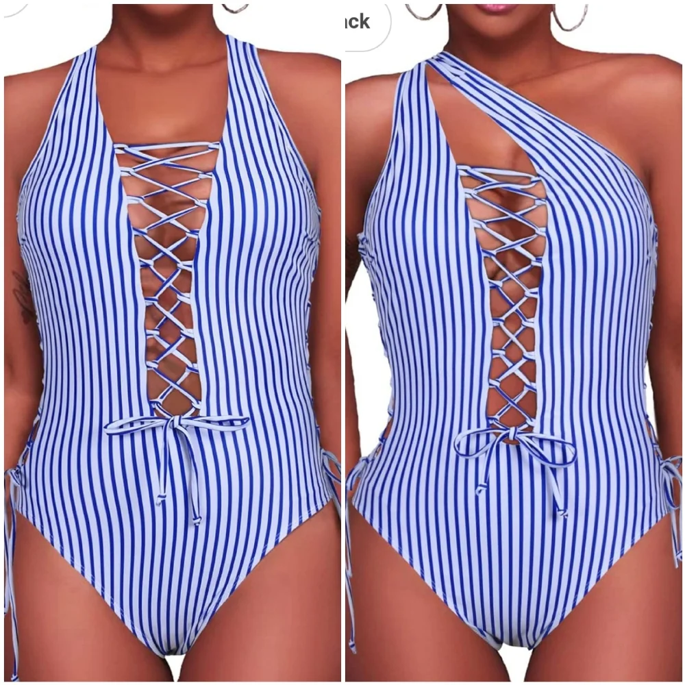 NWT Holipick Blue White Stripe Sexy Lace Up Two Way One Piece Swimsuit Size L D3